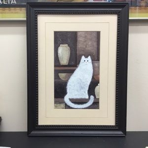 White Cat Print Framed Artwork Whimsical 16" x 12"